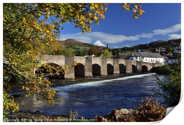 Crickhowell Bridge and Table Mountain. Print by Philip Veale