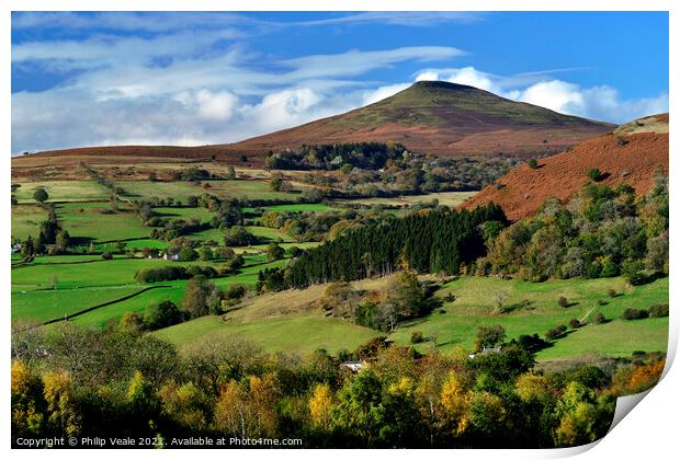 Sugar Loaf and Bryn Arw in Autumn. Print by Philip Veale