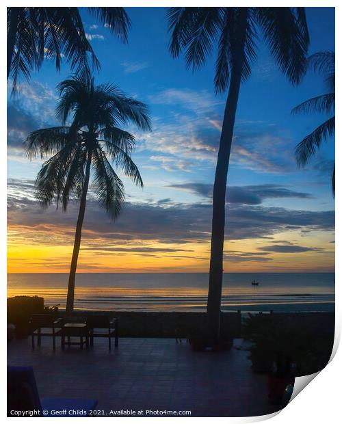 Exotic tropical sunrise seascape with Palm Trees in silhouette.  Print by Geoff Childs
