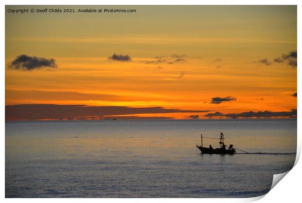 Tropical nautical sunrise seascape with fishing boat silhouette. Print by Geoff Childs