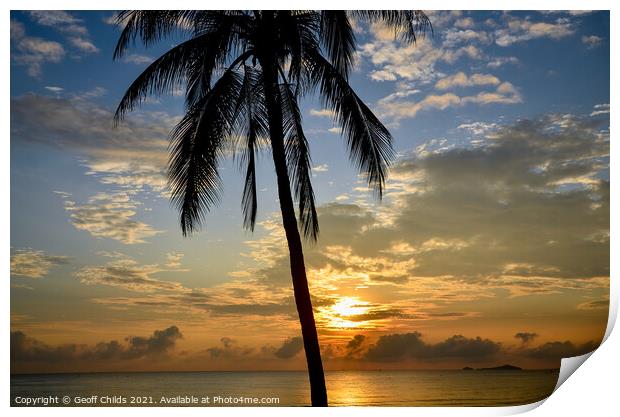 Tropical sunrise seascape with a palm tree silhouette in a blue  Print by Geoff Childs