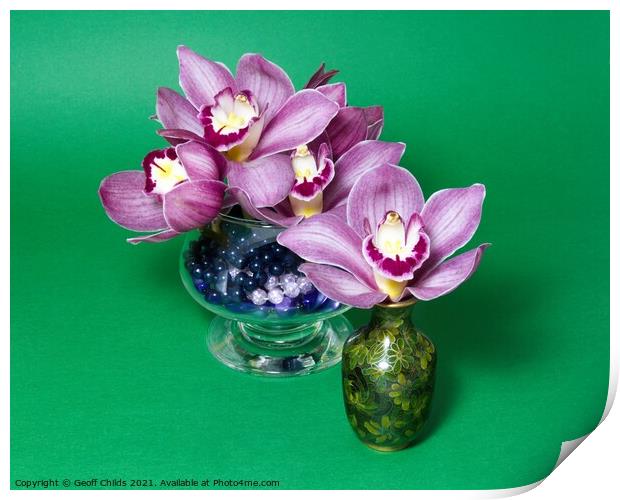 Pretty lavender pink Cymbidium Clarisse Orchids in vases. Print by Geoff Childs