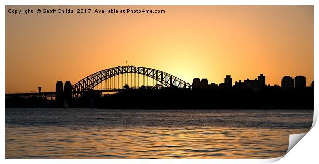 Sydney Harbour Bridge sunset sillhouette. Print by Geoff Childs