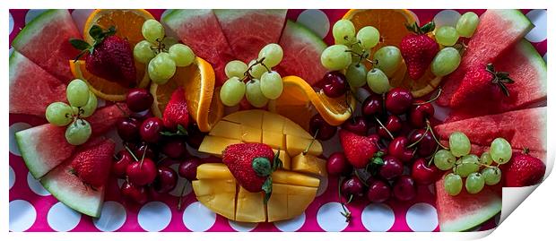 A colourful Christmas breakfast fruit platter on a dining table closeup. Print by Geoff Childs