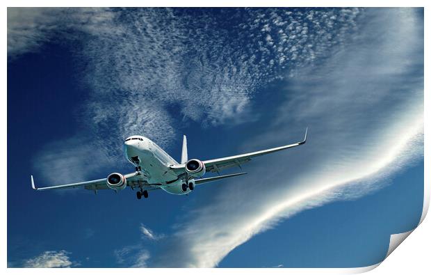 Commercial aircraft flying in cloud. Print by Geoff Childs