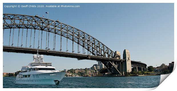  Motor yacht passing under Sydney Harbour Bridge,  Print by Geoff Childs