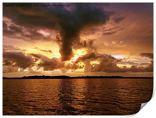Turbulent golden cloudy seascape sunset. Print by Geoff Childs