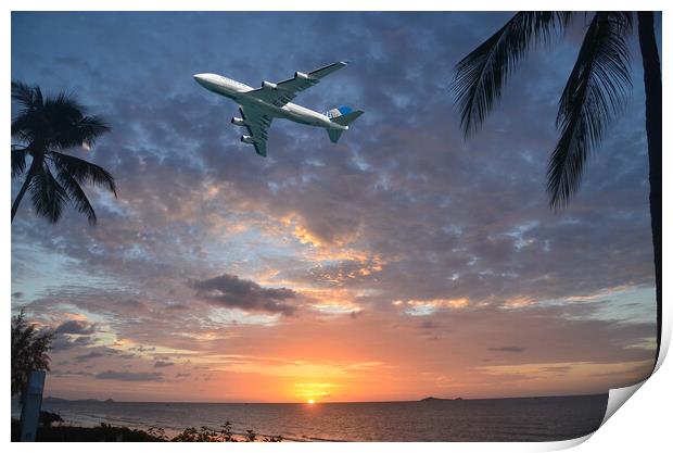 Aircraft flying in tropical dawn sky. Thailand. Print by Geoff Childs