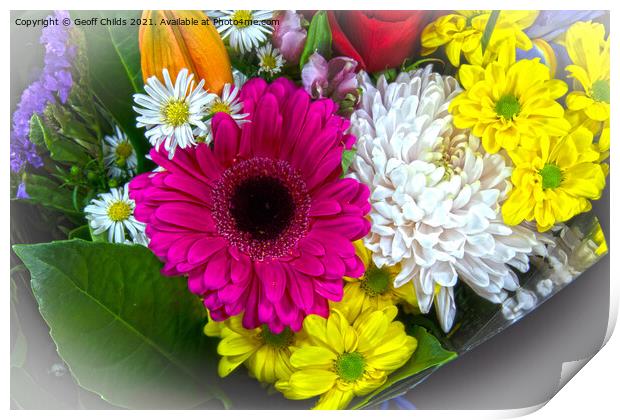 Colourful bunch of mixed flowers closeup. Print by Geoff Childs