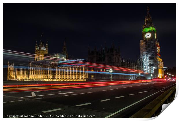 London bus across Westminster Bridge Print by Joanna Pinder
