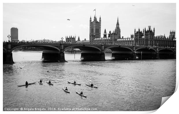 Kayaks by Thames river at Westminster Bridge Print by Angela Bragato