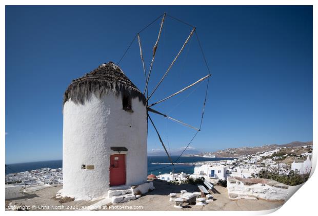 Boni's Windmill overlooking Mykonos port. Print by Chris North