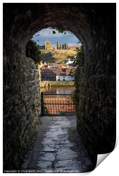 Whitby through the alleyway arch. Print by Chris North