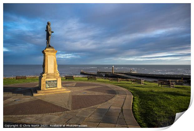 The Captain Cook monument Whitby. Print by Chris North