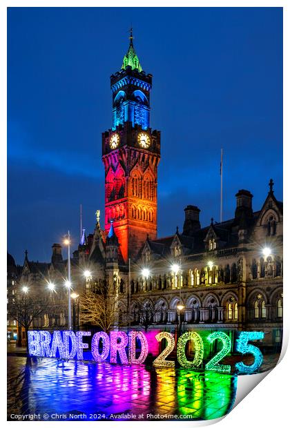 Bradford town hall by night, featuring the 2025 logo Print by Chris North