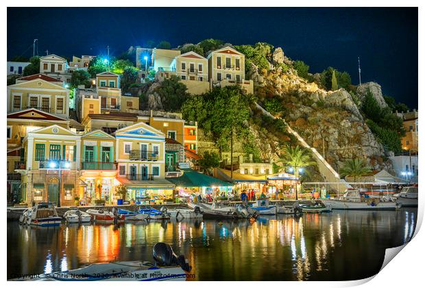Symi Harbour at night. Print by Chris North