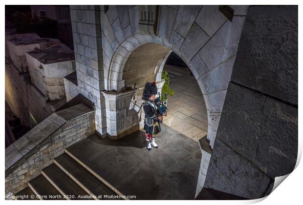 Regimental piper at the War Memorial in Gibraltar. Print by Chris North