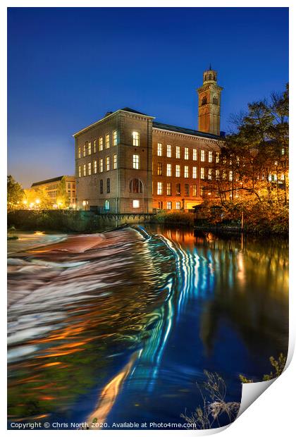 Salts Mill and weir. Print by Chris North