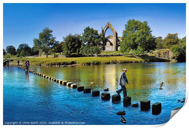 The stepping stones at Bolton Abbey.. Print by Chris North