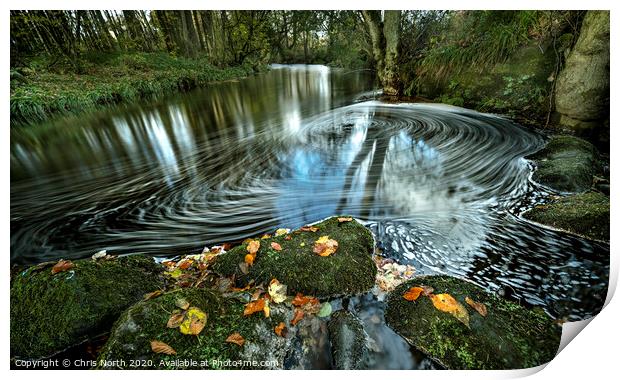 Autumn whirlpool on the River Washburn, Yorkshire Dales. Print by Chris North