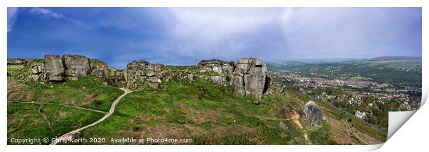 The Cow and Calf rocks and Ilkley town. Print by Chris North