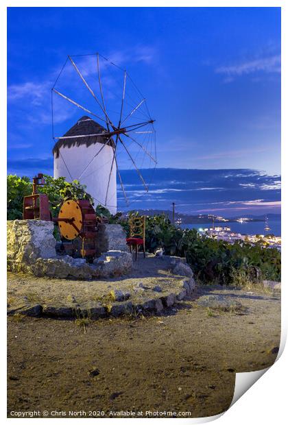Dusk Windmill at Mykonos, Greece Print by Chris North