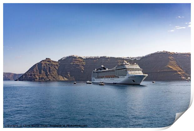 Cruise liner at anchor in Santorini Bay. Print by Chris North
