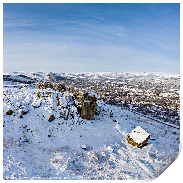 Winter at the Cow and Calf rocks,  Ilkley Yorkshir Print by Chris North