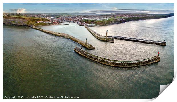 Whitby harbour approaches and village. Print by Chris North