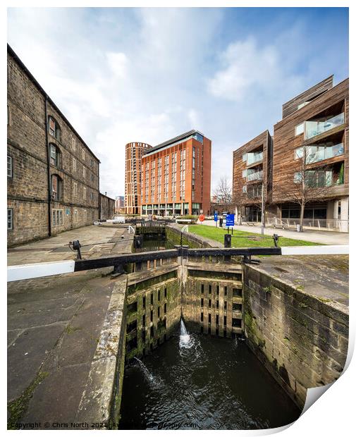 The start of the Leeds Liverpool canal at Leeds, Yorkshire. Print by Chris North