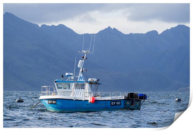 Fishing Boat in Elgol Harbour & Cuillins Mountains Print by Maarten D'Haese