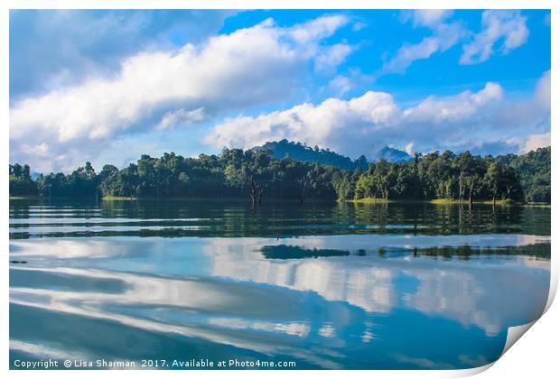 Beautiful lake landscape with jungle covered mount Print by  