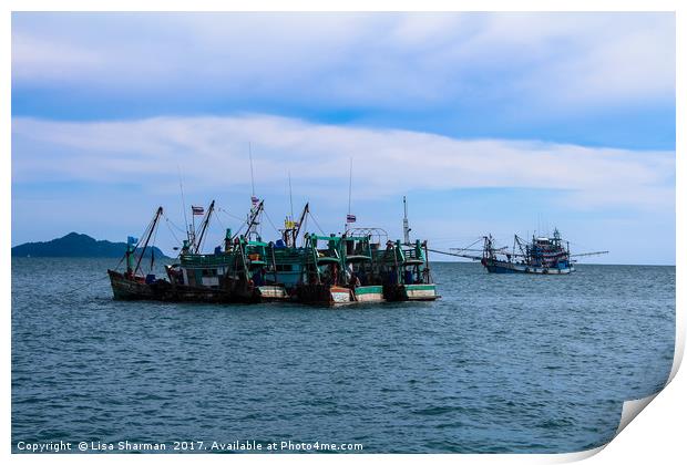 Fishing boats at sea in Thailand Print by  
