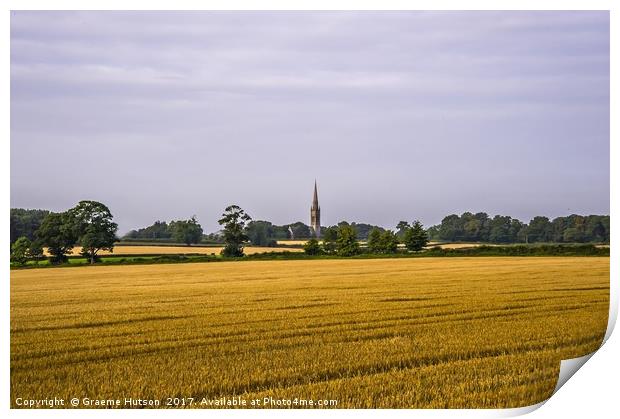 Cornfield and church at harvest time Print by Graeme Hutson