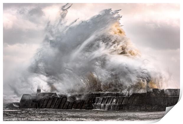 Wave Smashing into Harbour Wall Print by Karl McCarthy