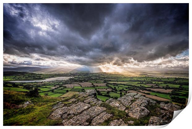 Sun's rays over the Brecon Beacons Print by Karl McCarthy