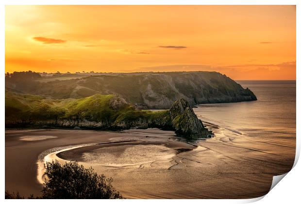 Golden Sunrise at Three Cliffs Bay Print by Karl McCarthy