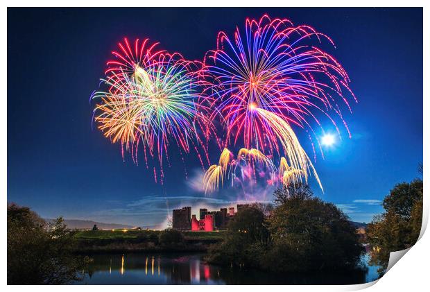 Firework Display at Caerphilly Castle Print by Karl McCarthy