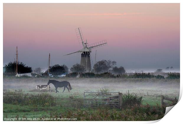 Misty Sunrise Thurne Dyke Norfolk Broads Print by Jim Key