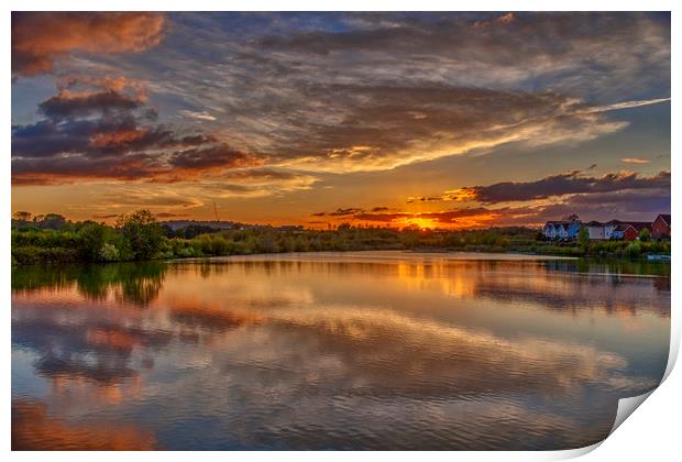 Sunset at Holmethorpe Lagoons Nature Reserve Print by Dave Williams