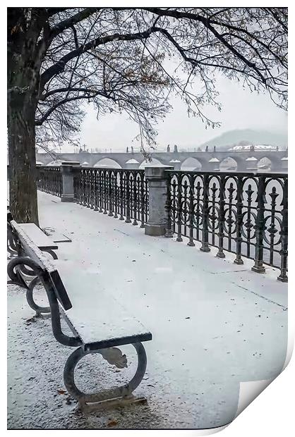 Snowy winters day in Prague Print by Dave Williams