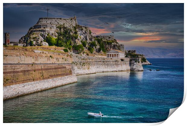 Small boat approaching the Old Fortress of Corfu Print by Dave Williams