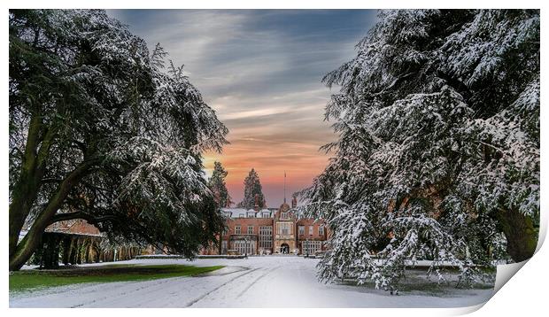 Sunset over a snow covered Tylney Hall Hotel Print by Dave Williams