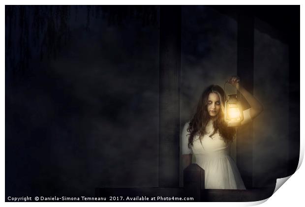Scary woman with lantern in night scene Print by Daniela Simona Temneanu