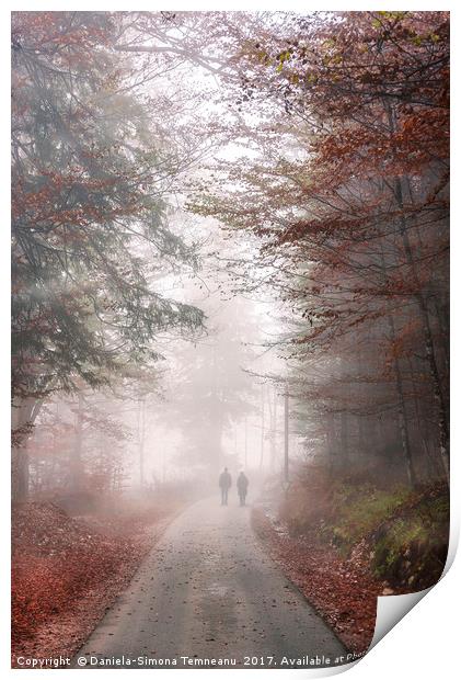 Road through autumn forest and mist Print by Daniela Simona Temneanu