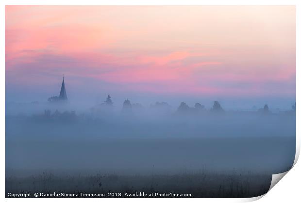 Church tower and village in fog at dawn Print by Daniela Simona Temneanu