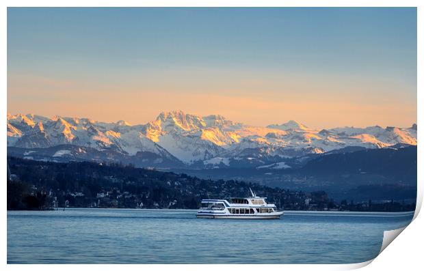 Zurich lake and swiss alps at sunset Print by Daniela Simona Temneanu