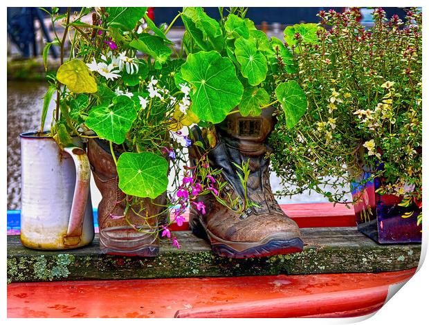 Trekking boots recycled as a cottage garden Print by Steve Painter