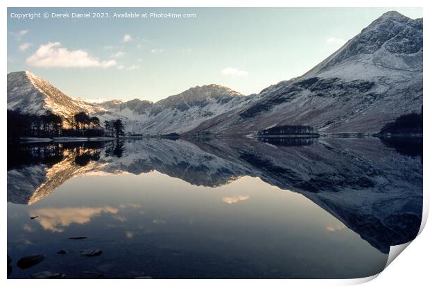 Snow capped mountains at Buttermere Print by Derek Daniel