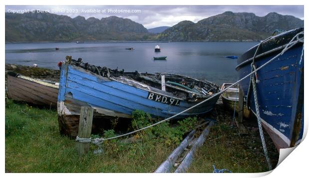 Moored boats by a Scottish Loch Print by Derek Daniel